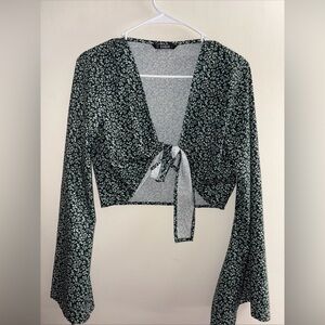 SHEIN Green Floral Tie-Front Blouse
